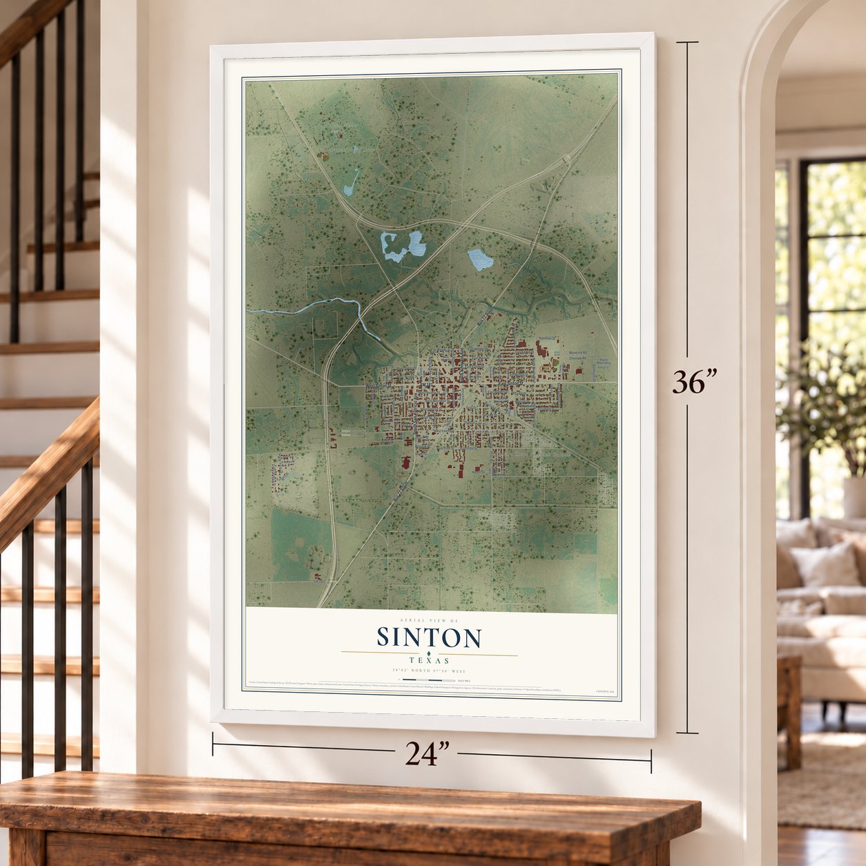 Sinton, Texas map, 24 x 36 inch print in a white frame by a staircase