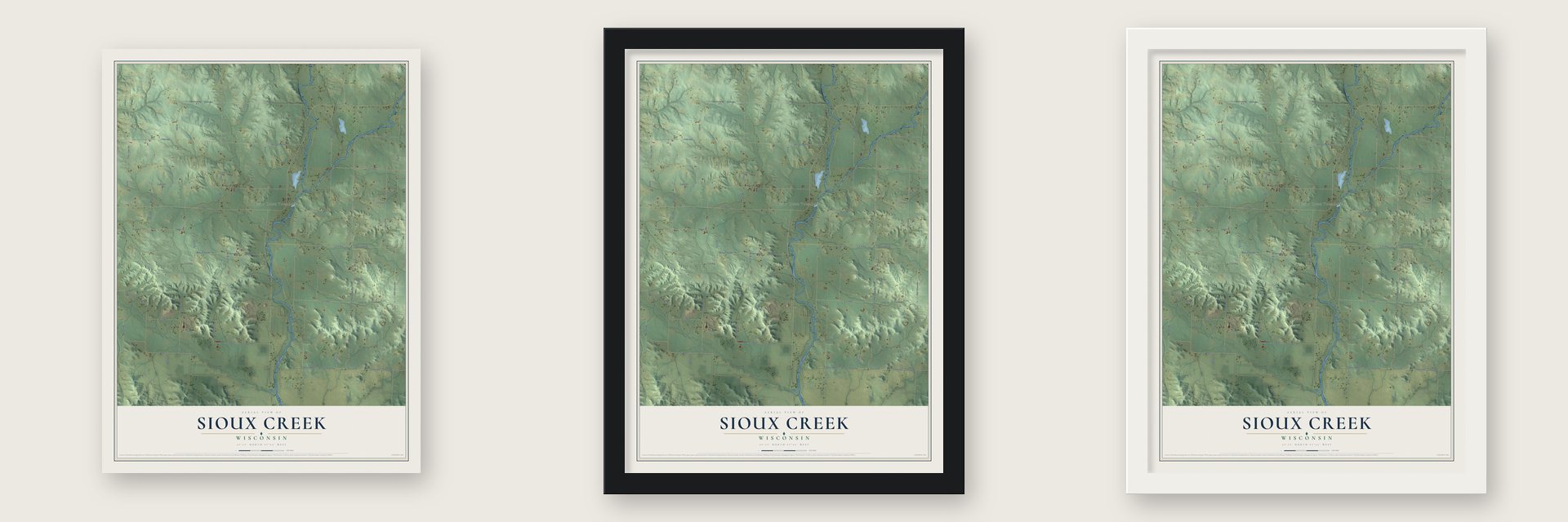 Sioux Creek, Wisconsin map unframed, in a black wood frame and in a white wood frame