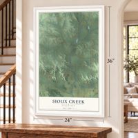 Sioux Creek, Wisconsin map, 24 x 36 inch print in a white frame by a staircase