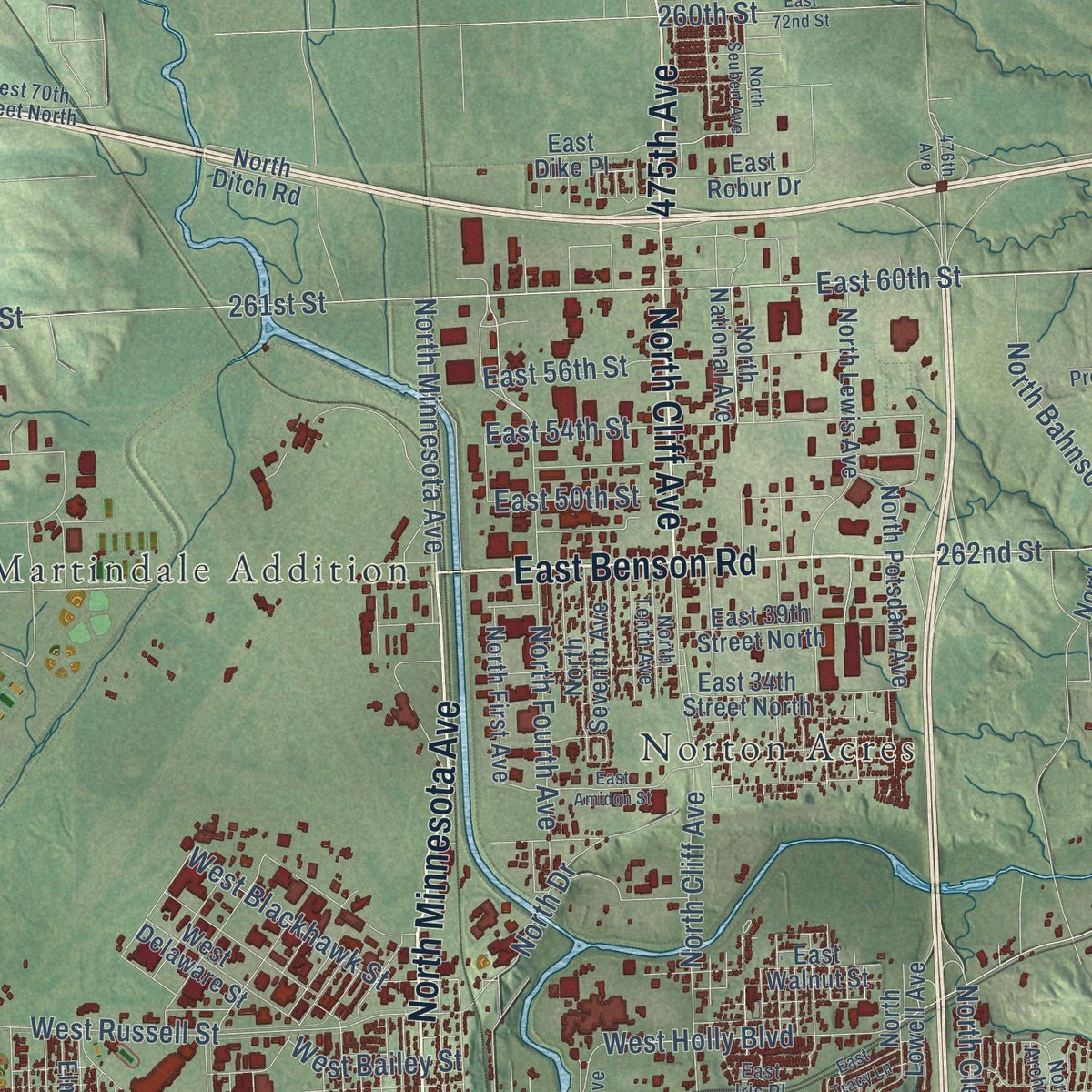 Second close-up of the map of Sioux Falls, South Dakota print showing more streets and buildings