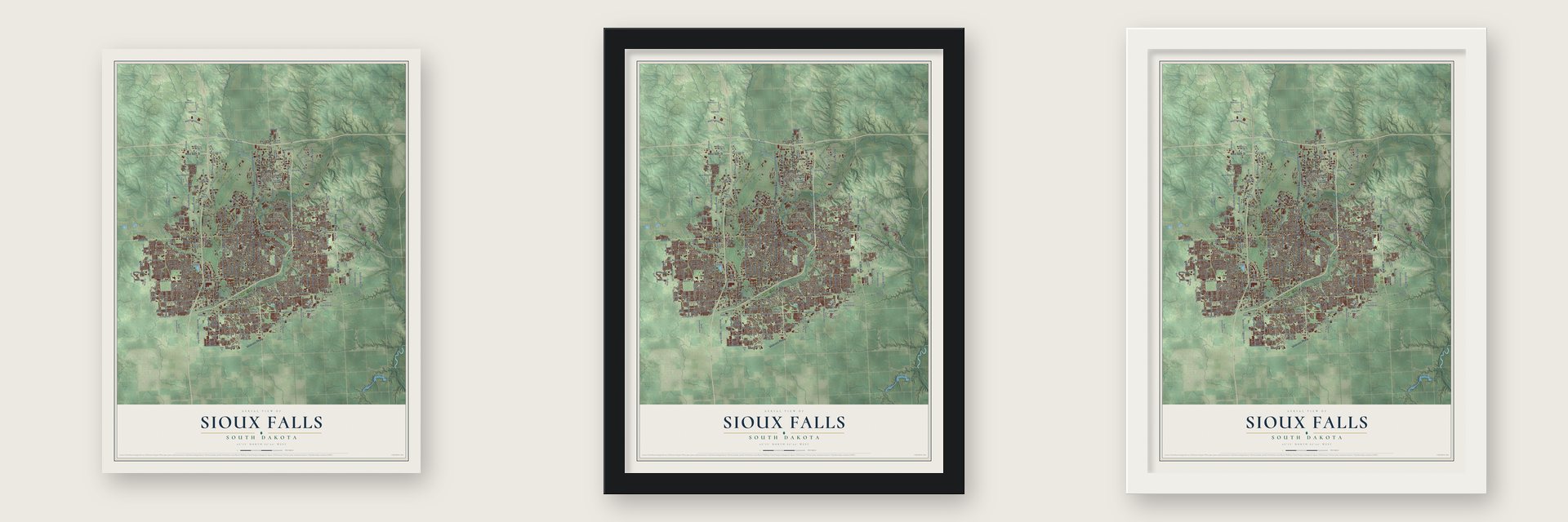 Sioux Falls, South Dakota map unframed, in a black wood frame and in a white wood frame