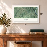 Sipsey, Alabama map, 12 x 18 inch print in a white frame in an entryway