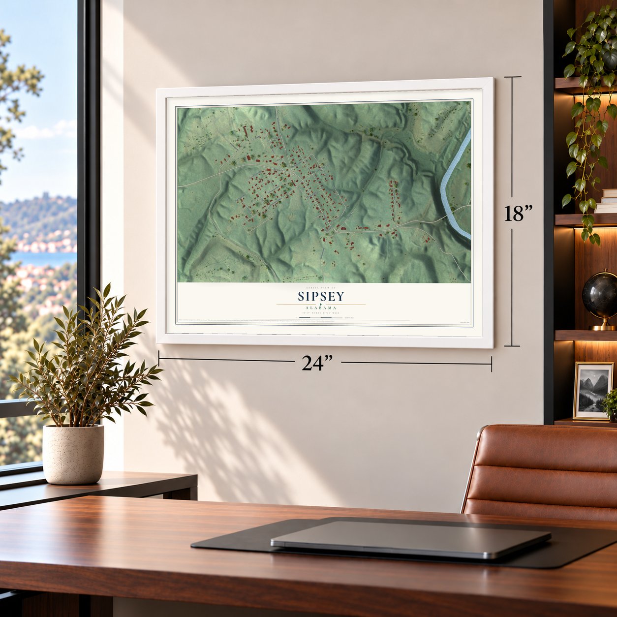 Sipsey, Alabama map, 18 x 24 inch print in a white frame in a home office