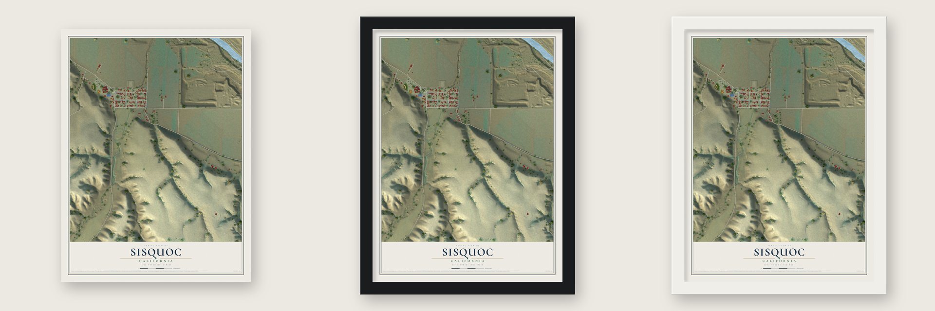 Sisquoc, California map unframed, in a black wood frame and in a white wood frame