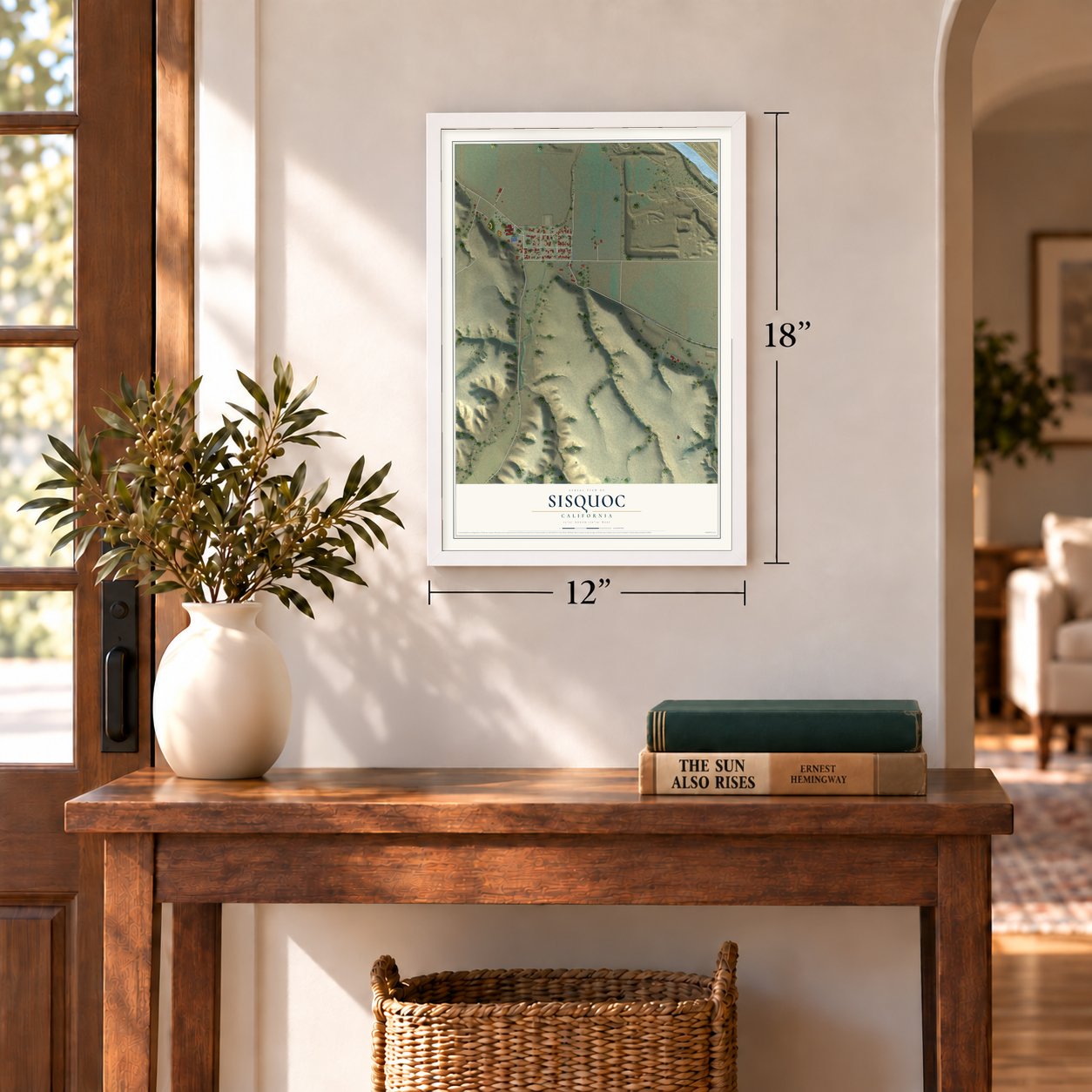 Sisquoc, California map, 12 x 18 inch print in a white frame in an entryway
