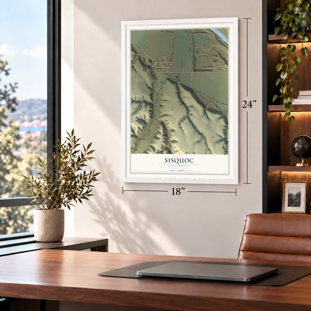 Sisquoc, California map, 18 x 24 inch print in a white frame in a home office