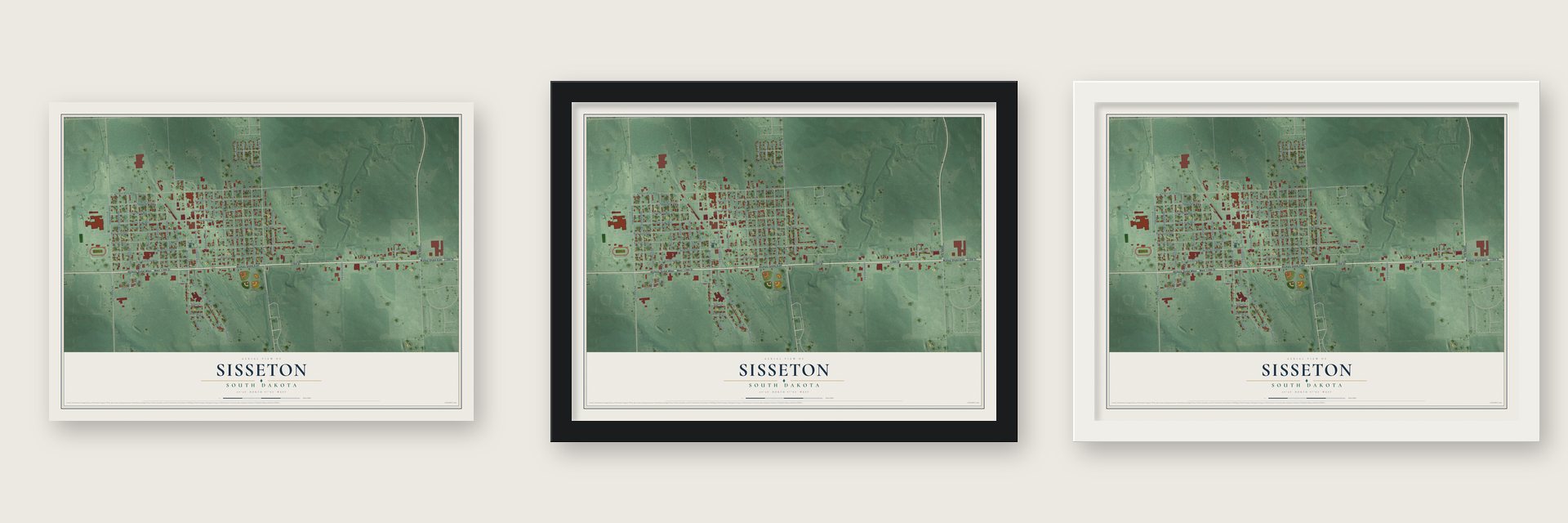 Sisseton, South Dakota map unframed, in a black wood frame and in a white wood frame