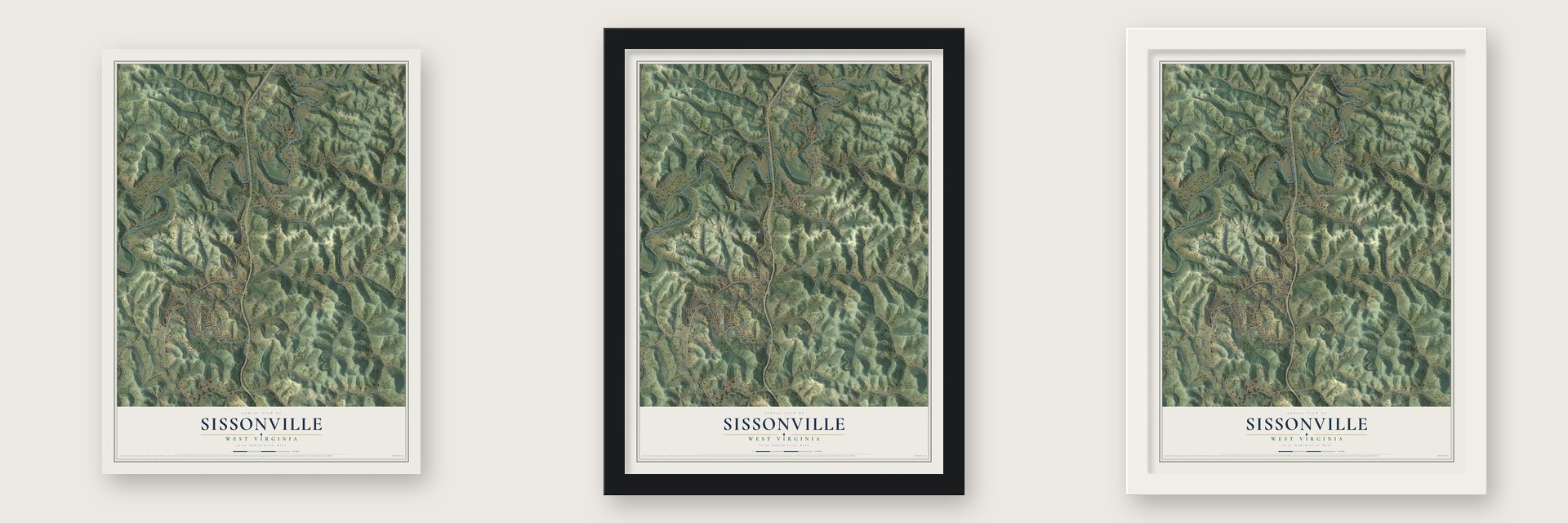 Sissonville, West Virginia map unframed, in a black wood frame and in a white wood frame