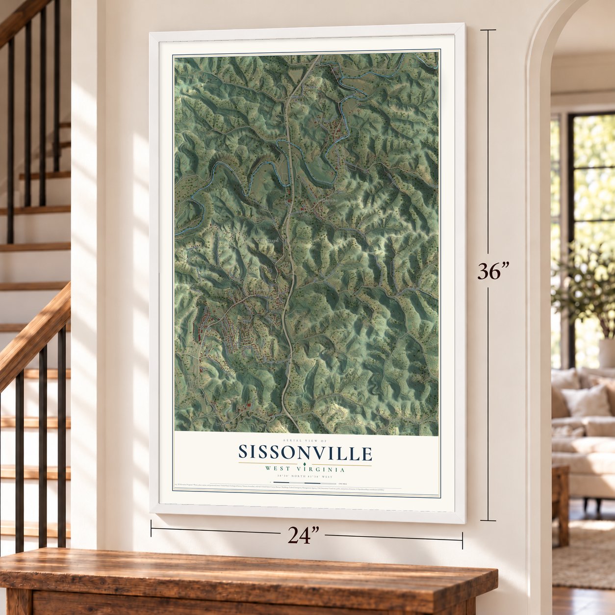 Sissonville, West Virginia map, 24 x 36 inch print in a white frame by a staircase