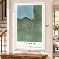 Sister Bay, Wisconsin map, 24 x 36 inch print in a white frame by a staircase