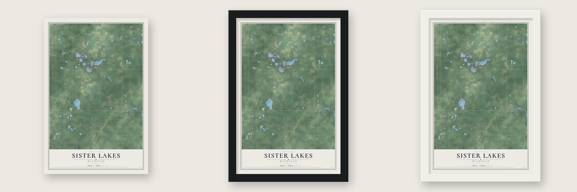 Sister Lakes, Michigan map unframed, in a black wood frame and in a white wood frame
