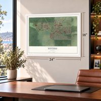 Sisters, Oregon map, 18 x 24 inch print in a white frame in a home office
