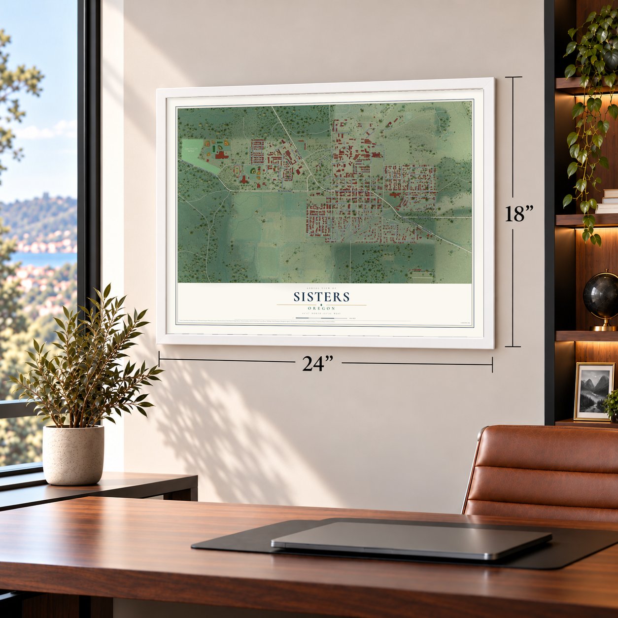 Sisters, Oregon map, 18 x 24 inch print in a white frame in a home office