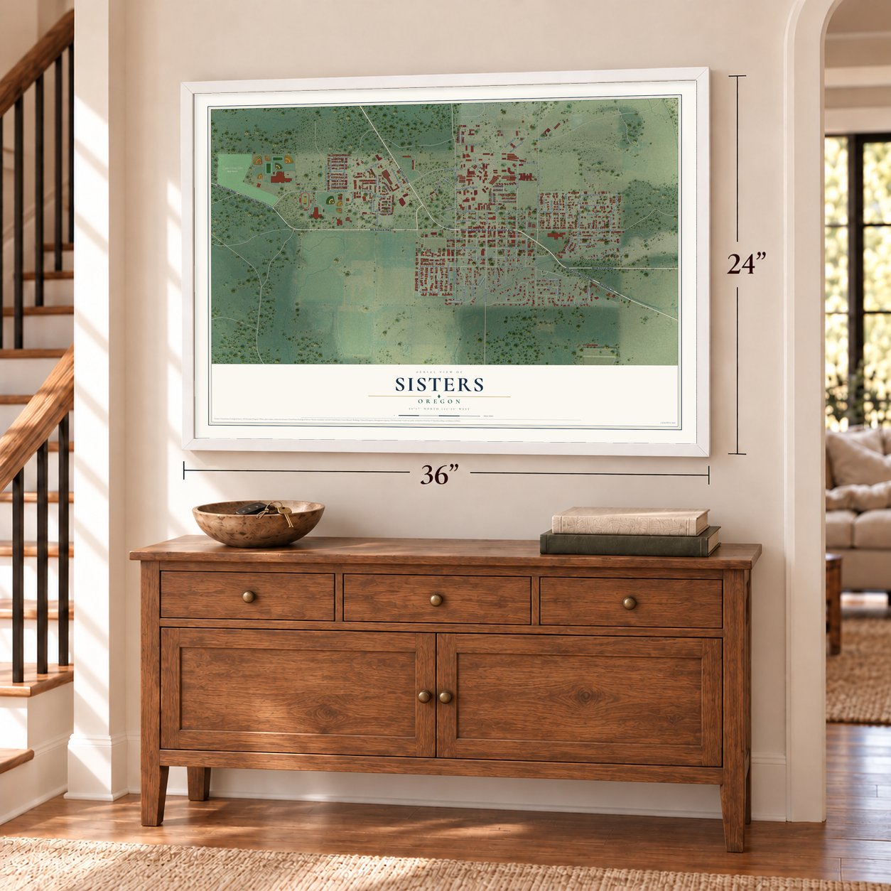 Sisters, Oregon map, 24 x 36 inch print in a white frame above a dresser by a staircase