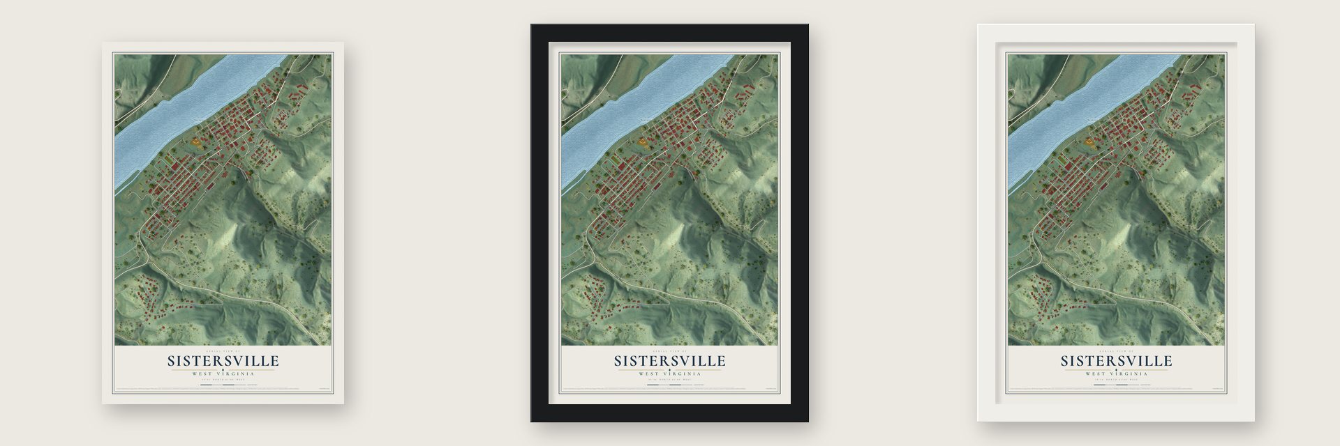 Sistersville, West Virginia map unframed, in a black wood frame and in a white wood frame