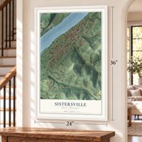 Sistersville, West Virginia map, 24 x 36 inch print in a white frame by a staircase