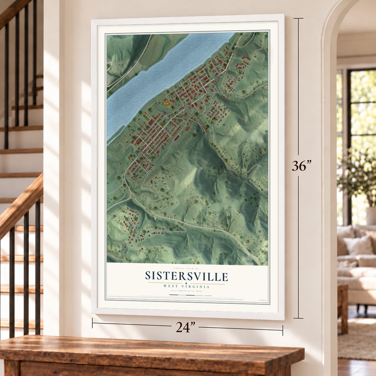 Sistersville, West Virginia map, 24 x 36 inch print in a white frame by a staircase