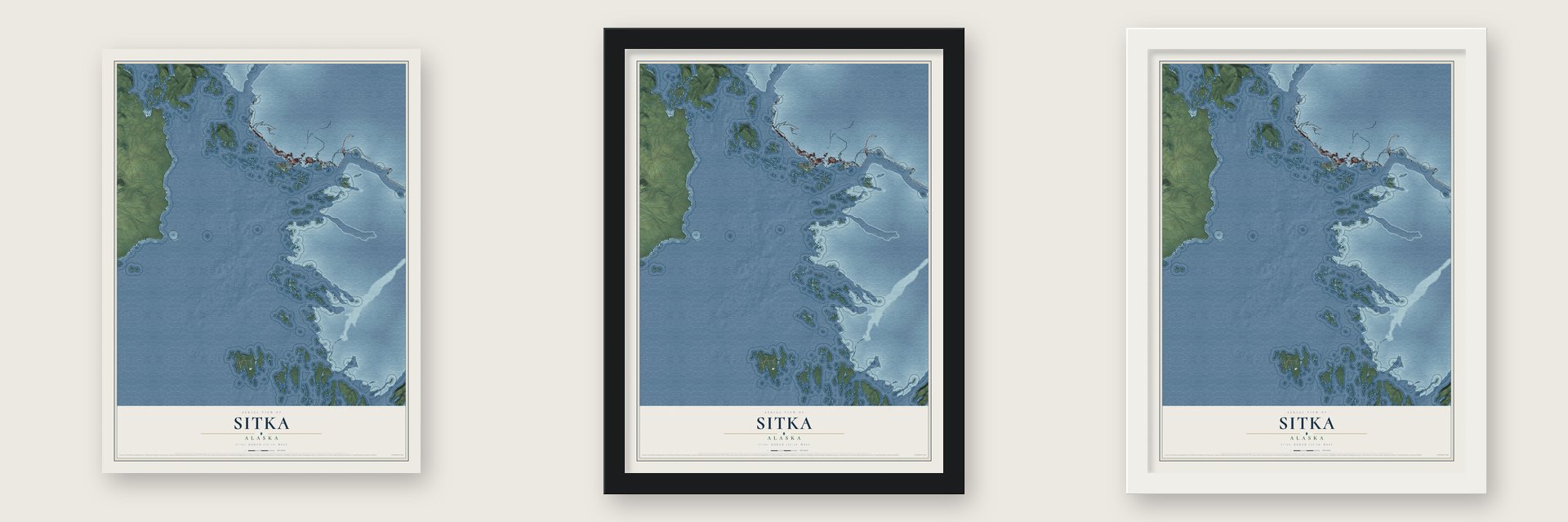 Sitka, Alaska map unframed, in a black wood frame and in a white wood frame