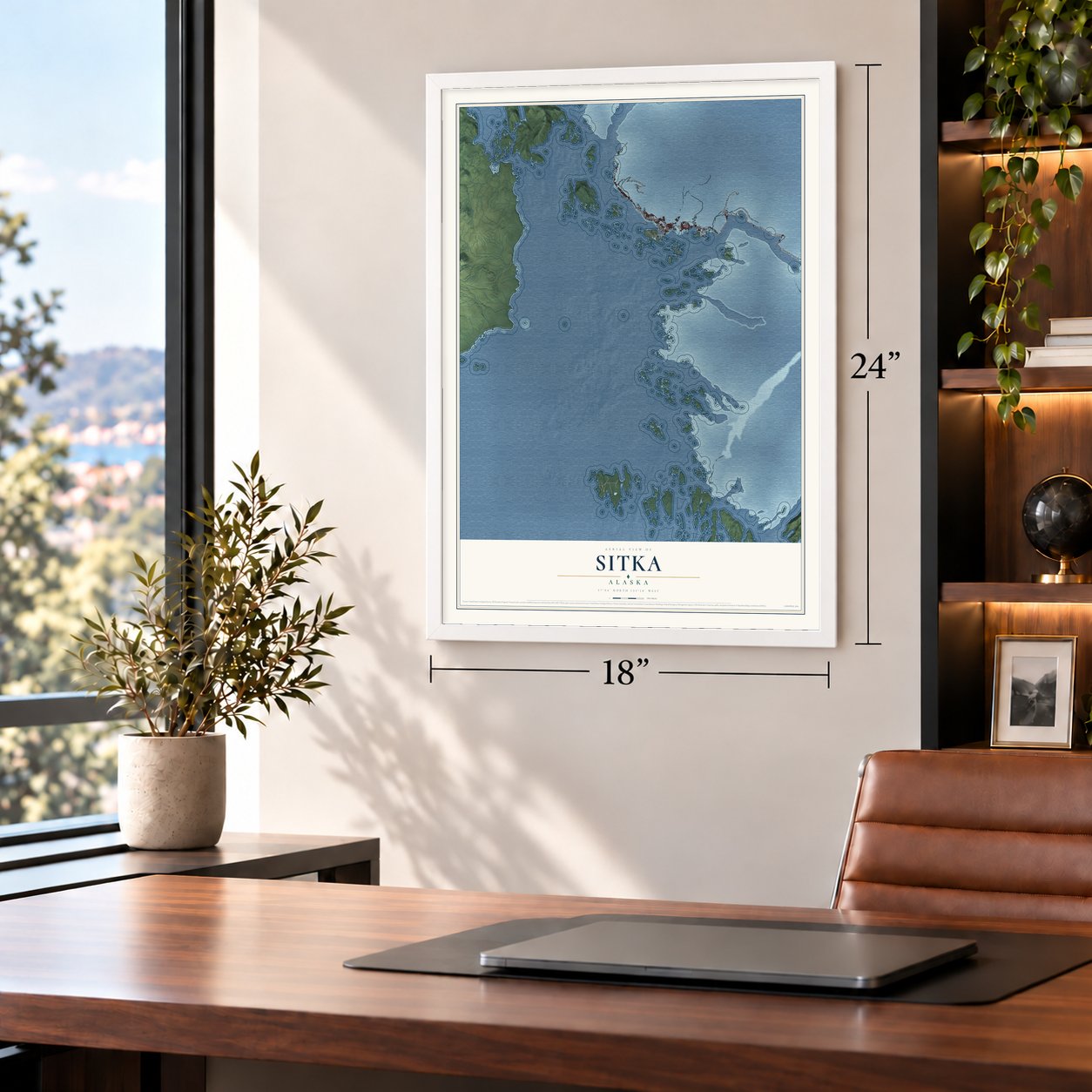 Sitka, Alaska map, 18 x 24 inch print in a white frame in a home office