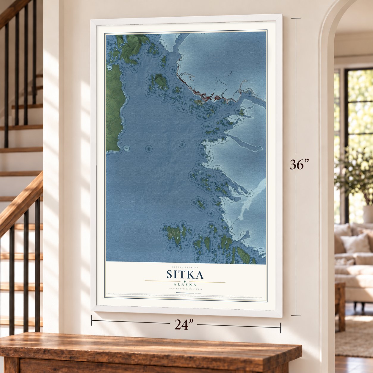 Sitka, Alaska map, 24 x 36 inch print in a white frame by a staircase
