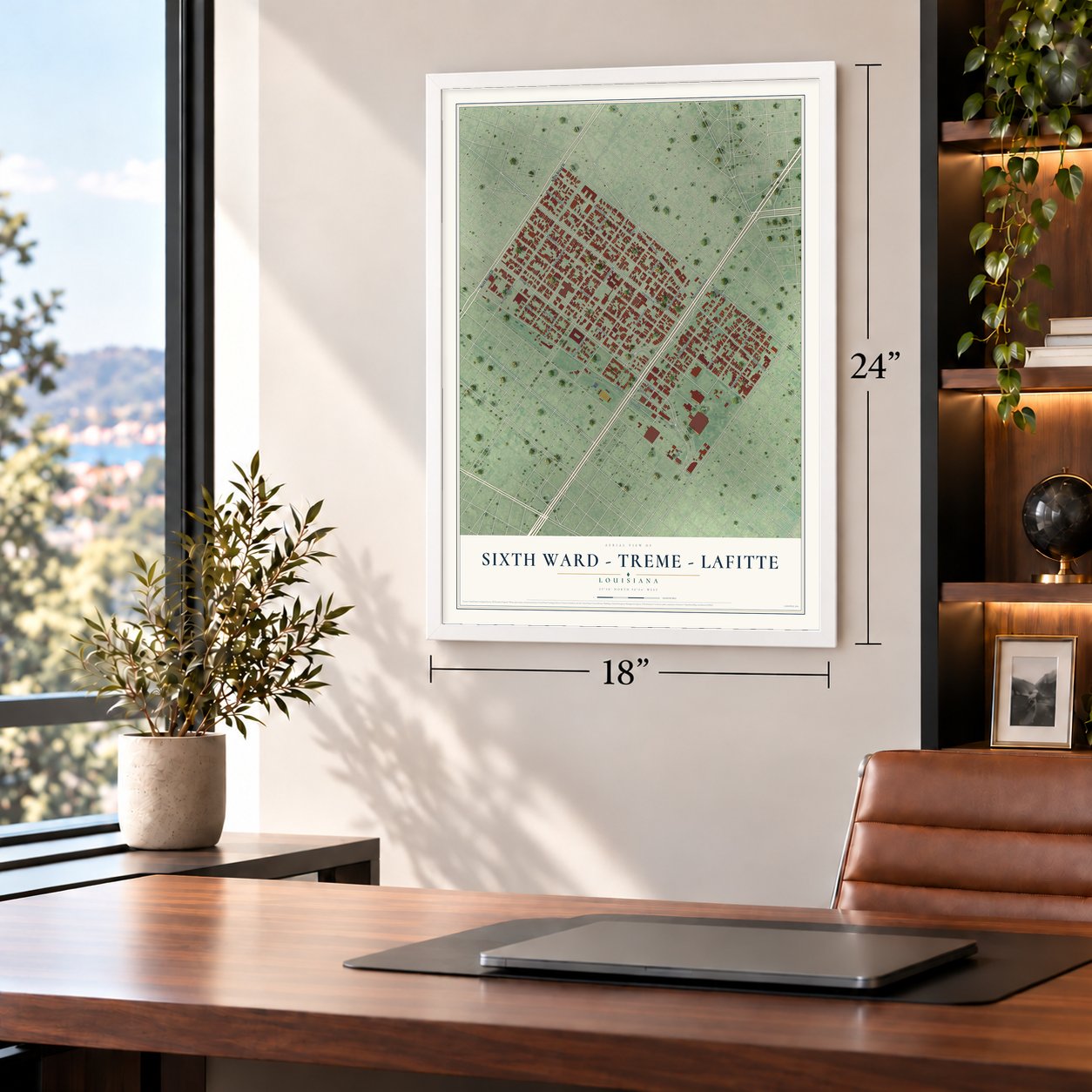 Sixth Ward - Treme - Lafitte, Louisiana map, 18 x 24 inch print in a white frame in a home office