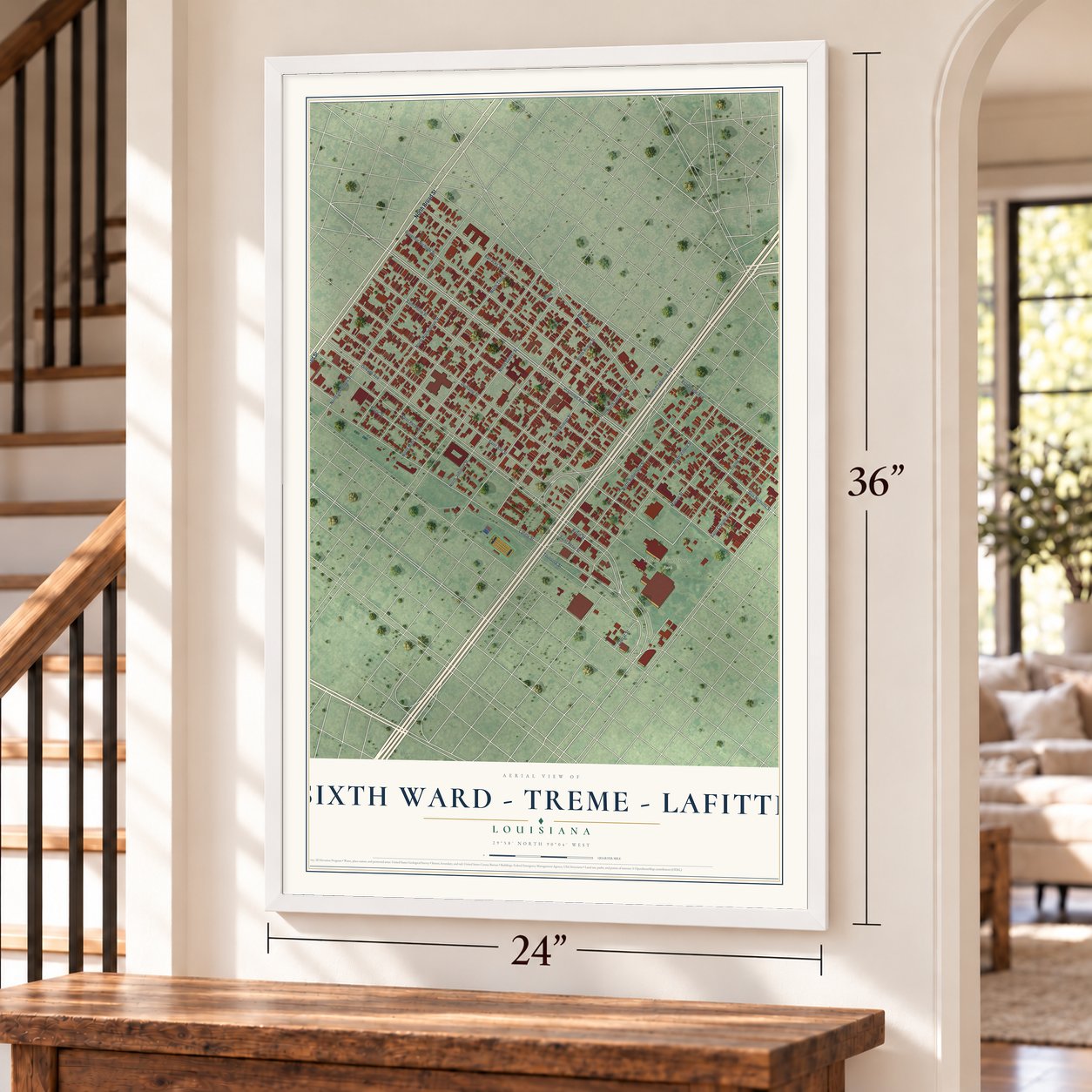 Sixth Ward - Treme - Lafitte, Louisiana map, 24 x 36 inch print in a white frame by a staircase