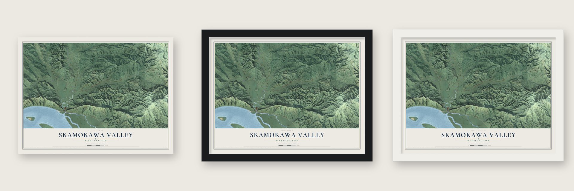 Skamokawa Valley, Washington map unframed, in a black wood frame and in a white wood frame