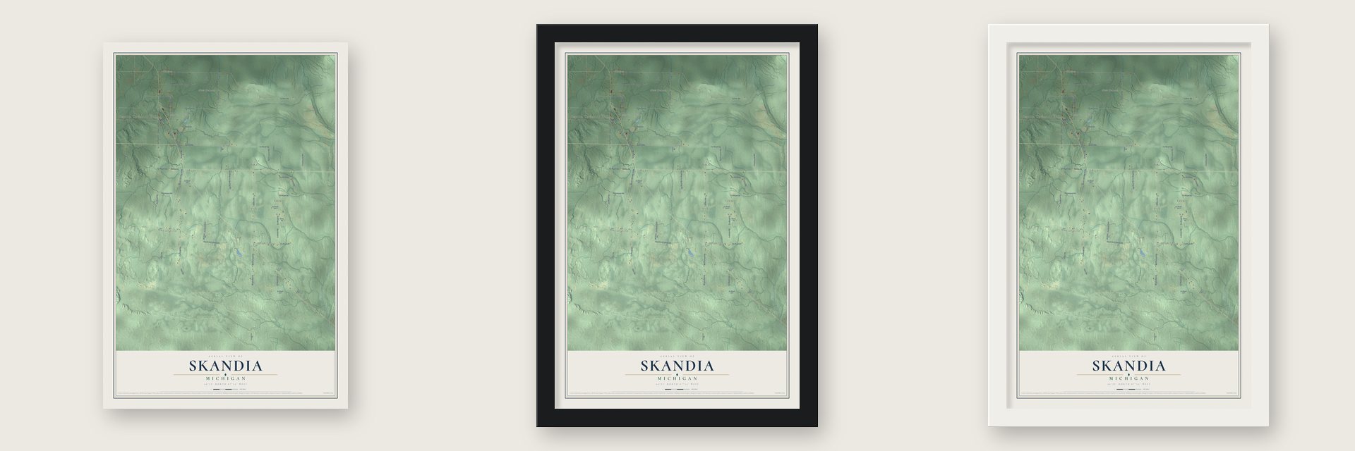 Skandia, Michigan map unframed, in a black wood frame and in a white wood frame