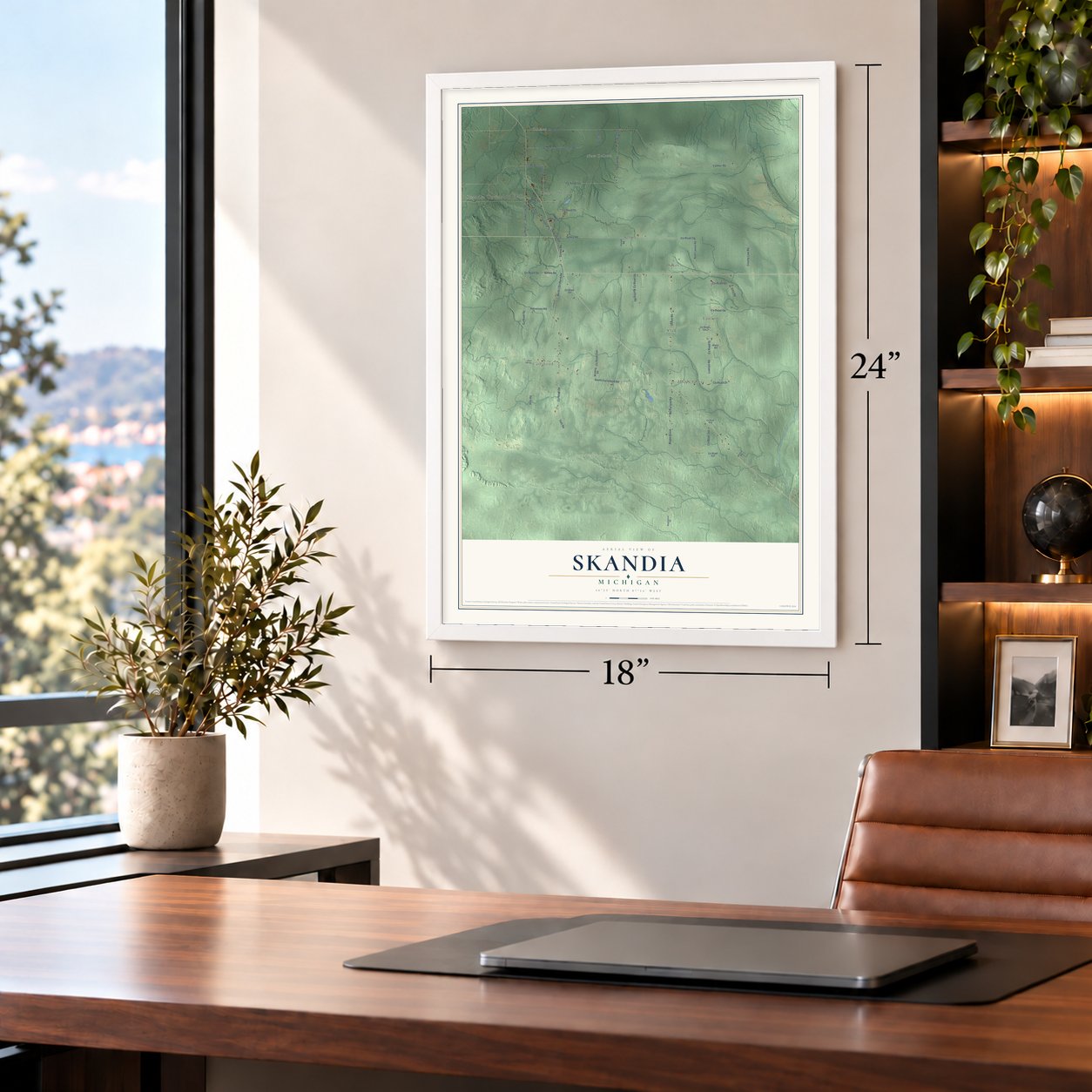 Skandia, Michigan map, 18 x 24 inch print in a white frame in a home office