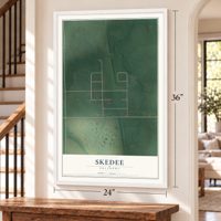 Skedee, Oklahoma map, 24 x 36 inch print in a white frame by a staircase