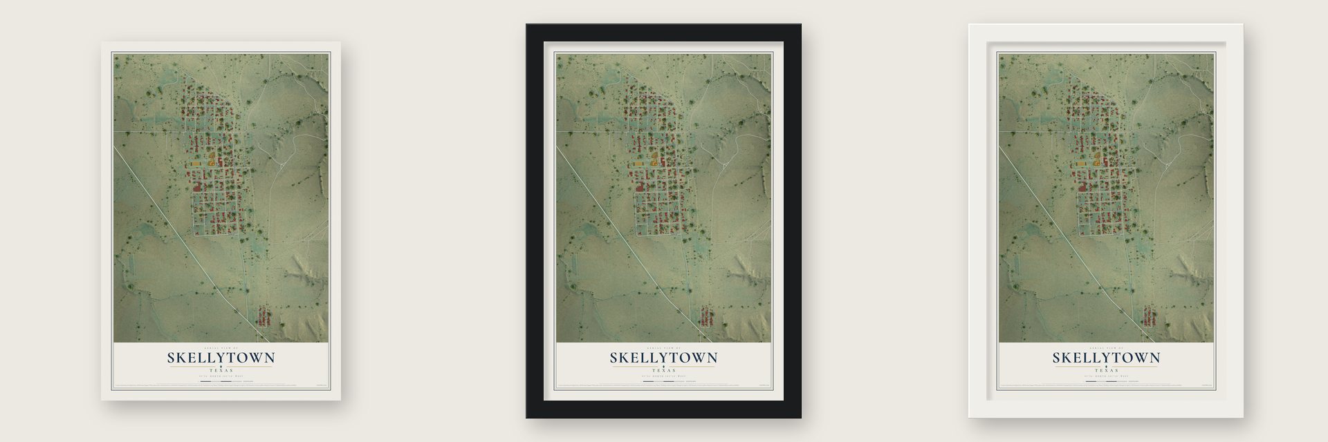 Skellytown, Texas map unframed, in a black wood frame and in a white wood frame
