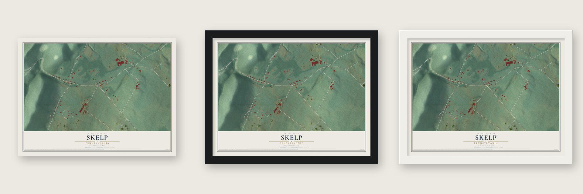 Skelp, Pennsylvania map unframed, in a black wood frame and in a white wood frame