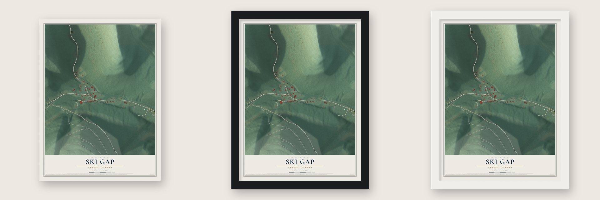 Ski Gap, Pennsylvania map unframed, in a black wood frame and in a white wood frame