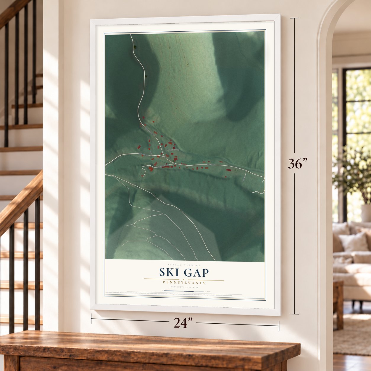 Ski Gap, Pennsylvania map, 24 x 36 inch print in a white frame by a staircase