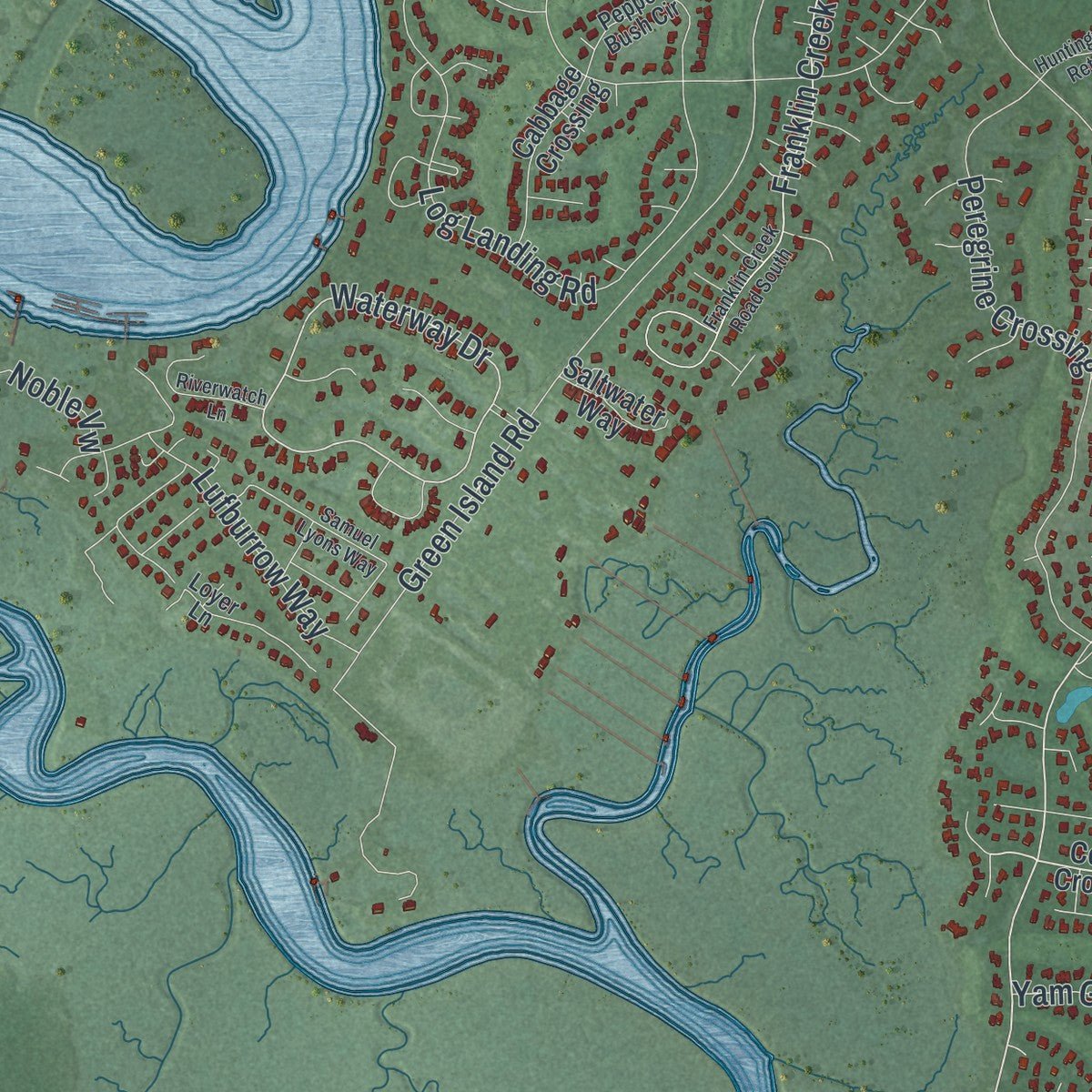 Second close-up of the map of Skidaway Island, Georgia print showing more streets and buildings