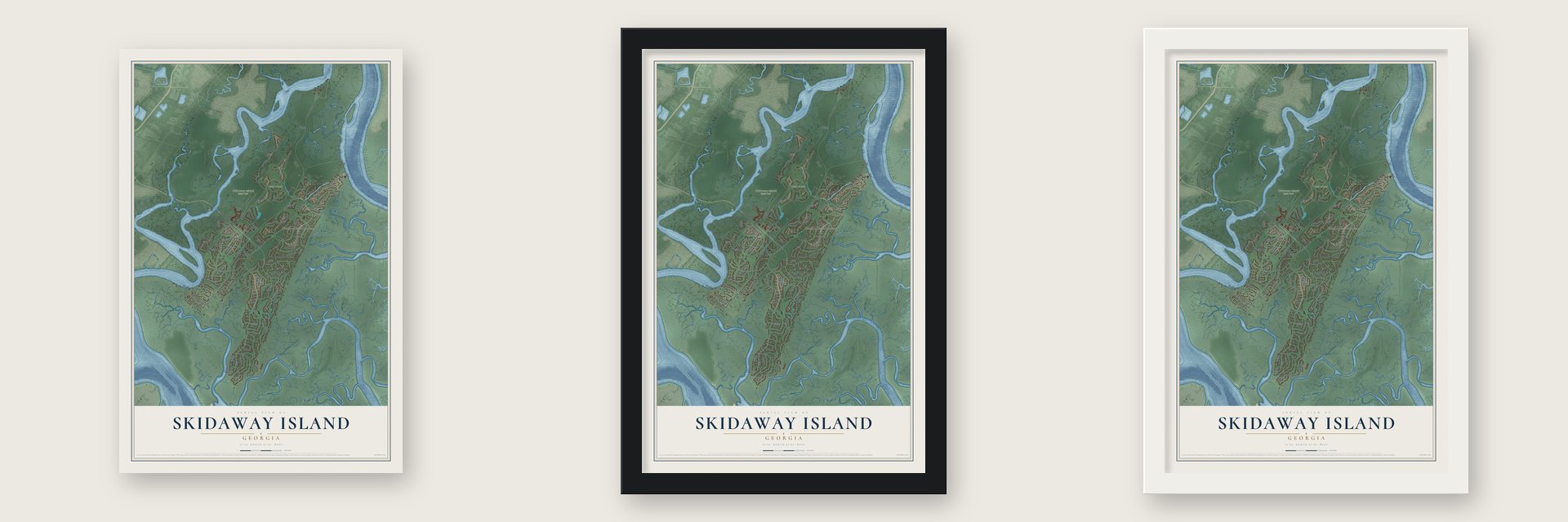Skidaway Island, Georgia map unframed, in a black wood frame and in a white wood frame