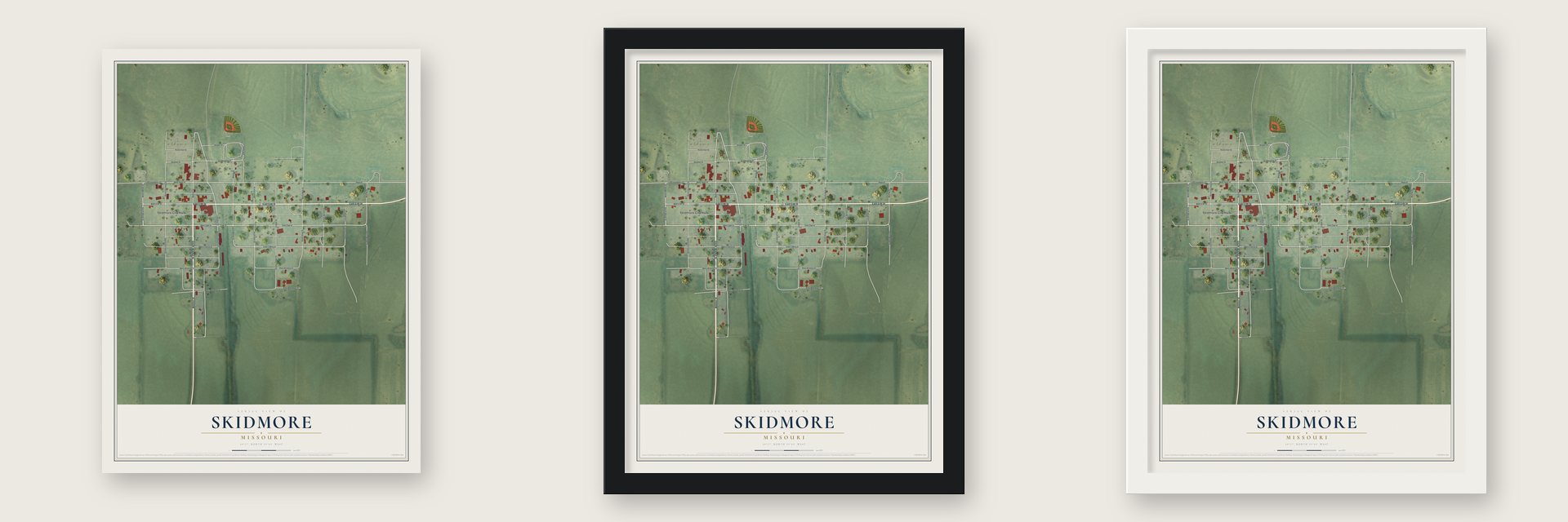 Skidmore, Missouri map unframed, in a black wood frame and in a white wood frame