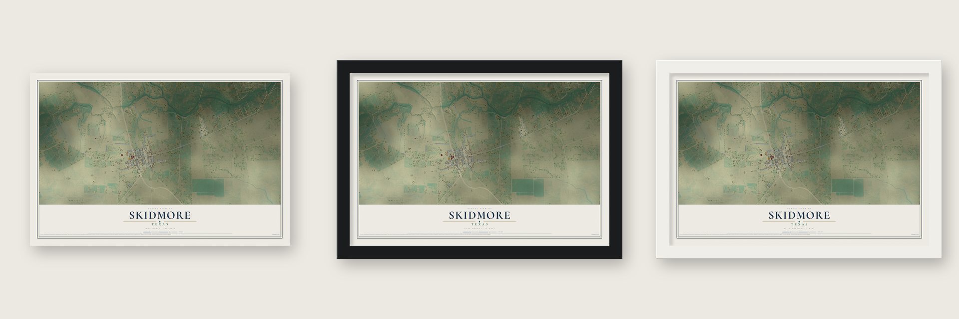 Skidmore, Texas map unframed, in a black wood frame and in a white wood frame