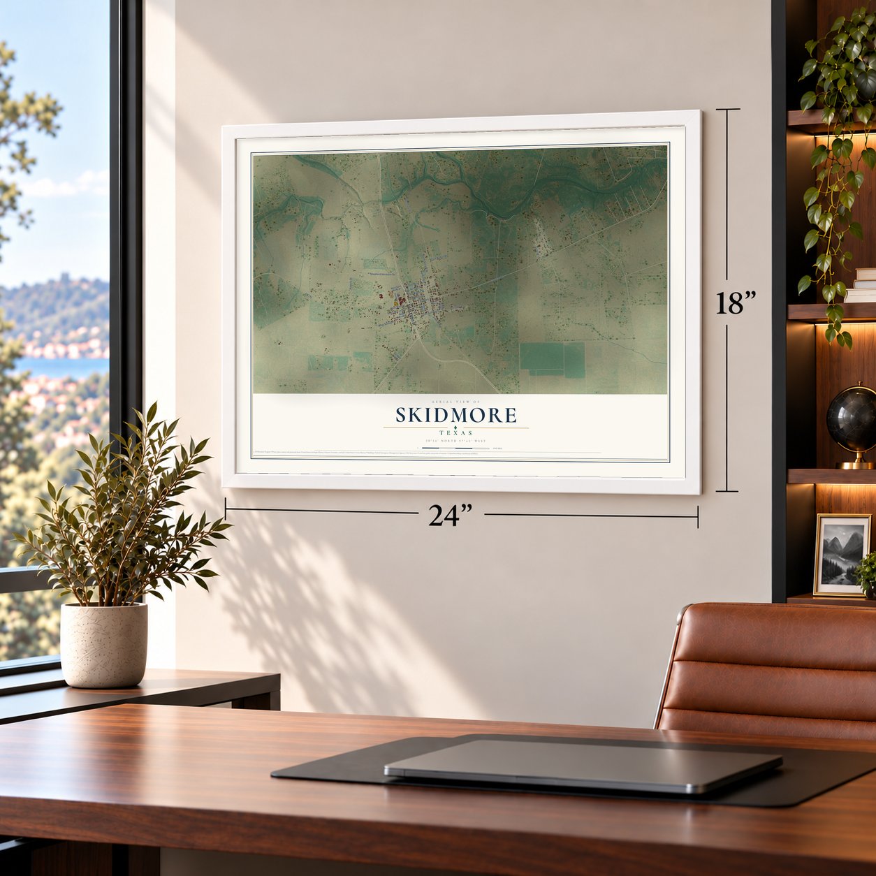 Skidmore, Texas map, 18 x 24 inch print in a white frame in a home office