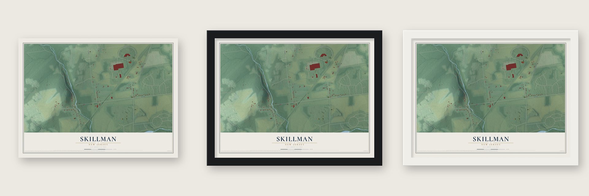 Skillman, New Jersey map unframed, in a black wood frame and in a white wood frame