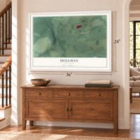 Skillman, New Jersey map, 24 x 36 inch print in a white frame above a dresser by a staircase