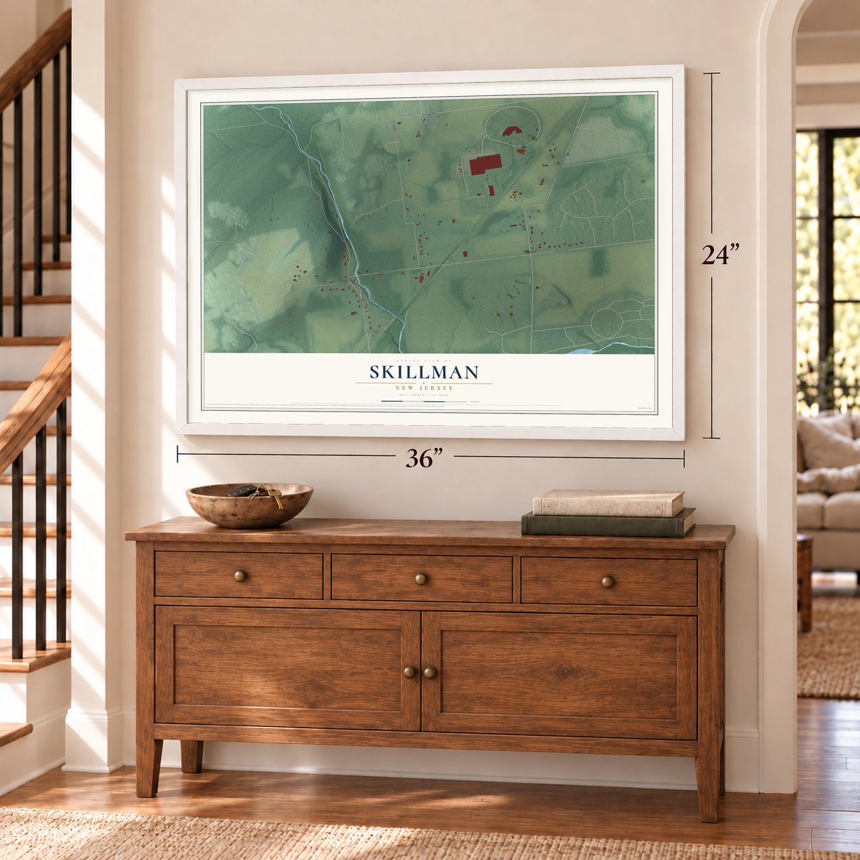 Skillman, New Jersey map, 24 x 36 inch print in a white frame above a dresser by a staircase