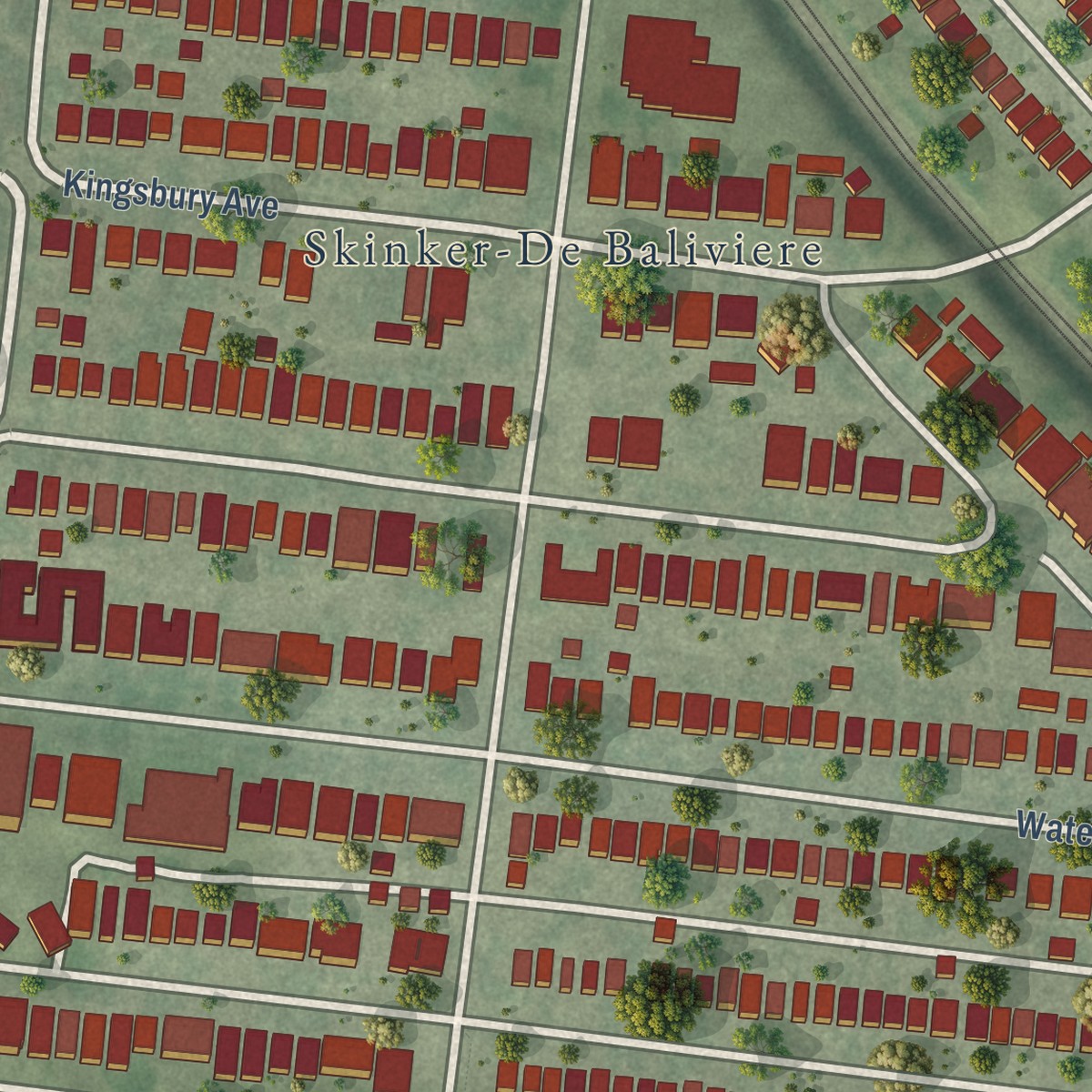 Second close-up of the map of Skinker DeBaliviere, Missouri print showing more streets and buildings