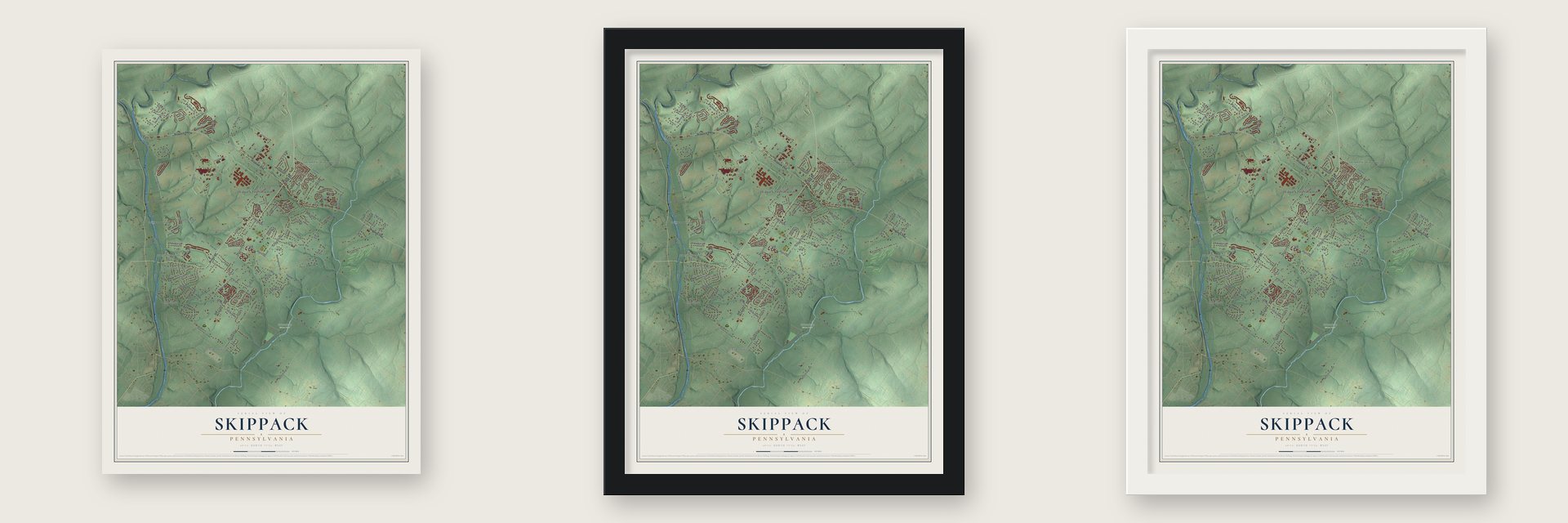 Skippack, Pennsylvania map unframed, in a black wood frame and in a white wood frame