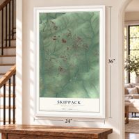 Skippack, Pennsylvania map, 24 x 36 inch print in a white frame by a staircase