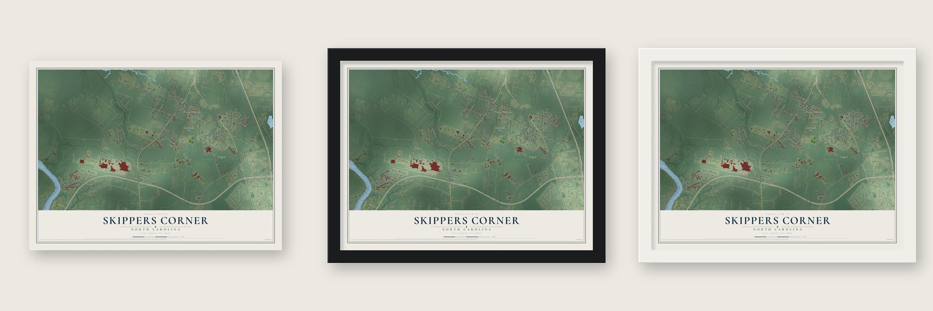Skippers Corner, North Carolina map unframed, in a black wood frame and in a white wood frame