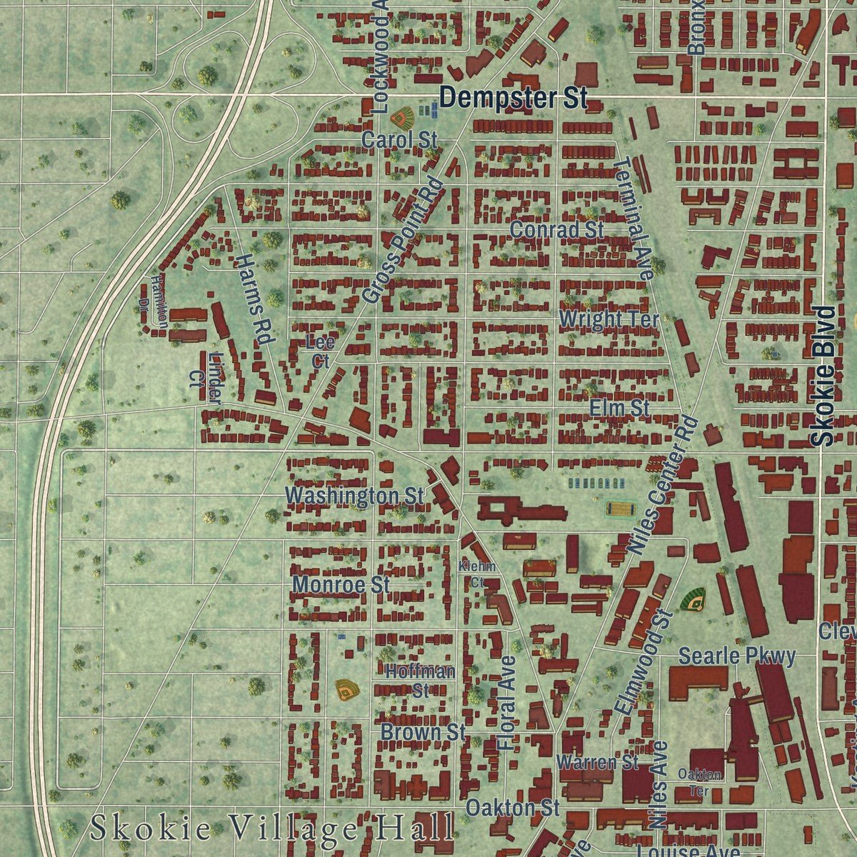 Second close-up of the map of Skokie, Illinois print showing more streets and buildings