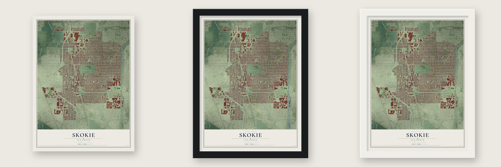 Skokie, Illinois map unframed, in a black wood frame and in a white wood frame