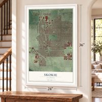 Skokie, Illinois map, 24 x 36 inch print in a white frame by a staircase