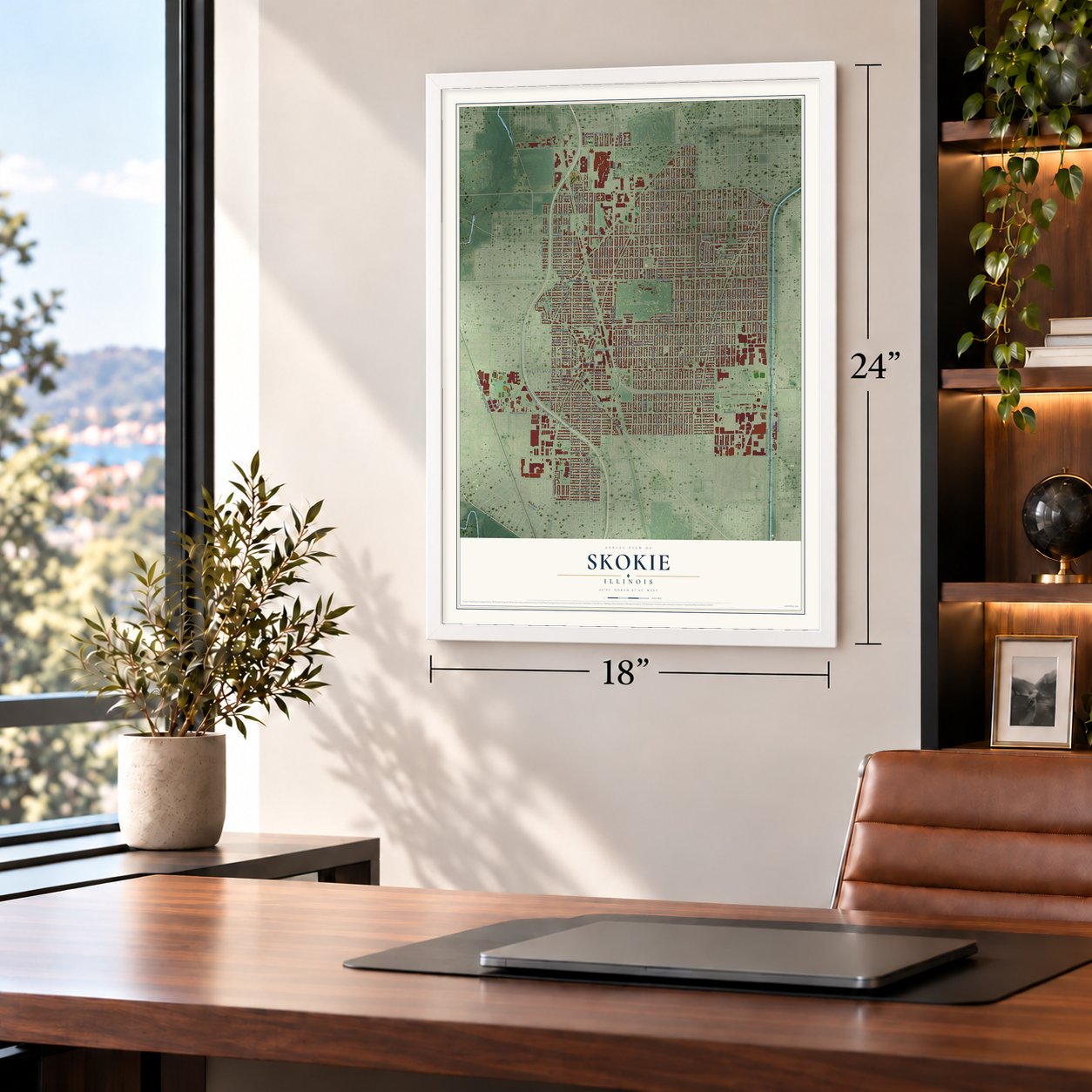 Skokie, Illinois map, 18 x 24 inch print in a white frame in a home office